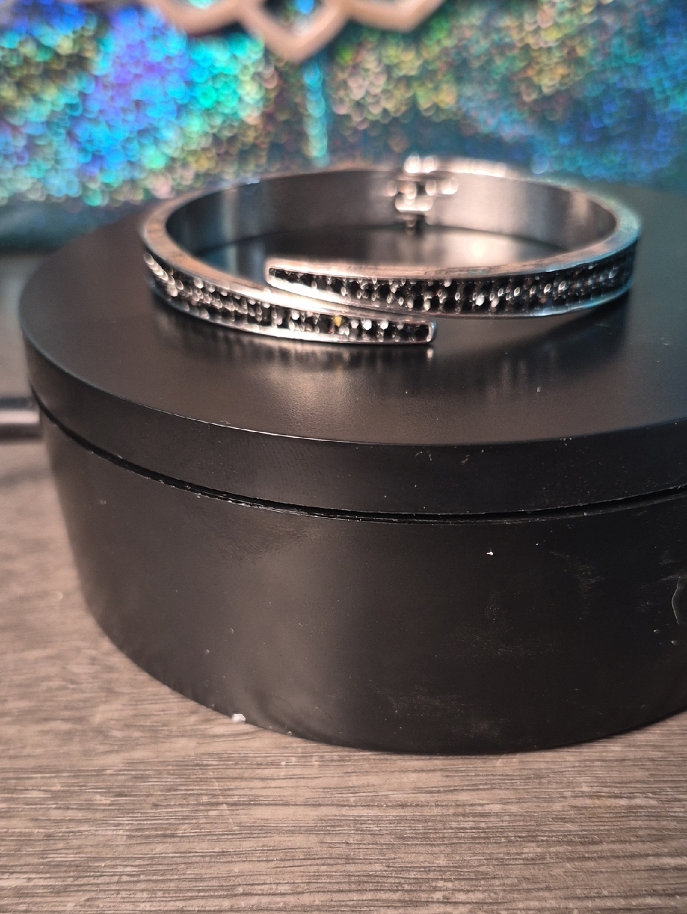 Silver-Tone Black Crystal Adjustable Cuff Bracelet